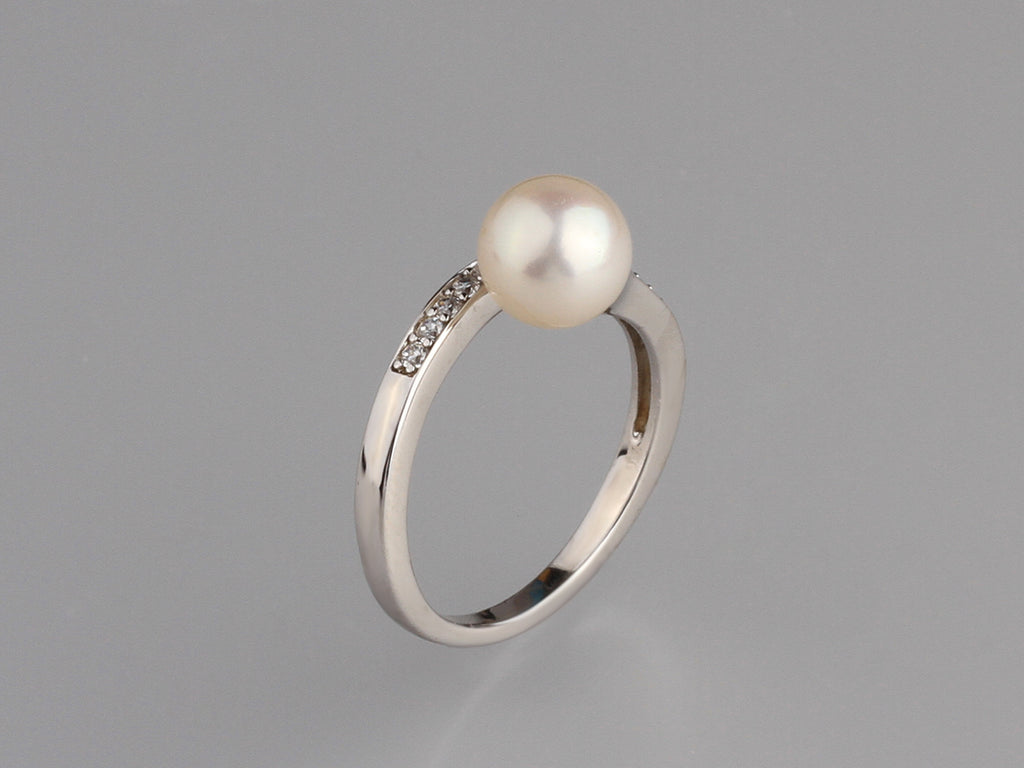 Sterling Silver Ring with 7.5-8mm Round Shape Freshwater Pearl and Cubic Zirconia