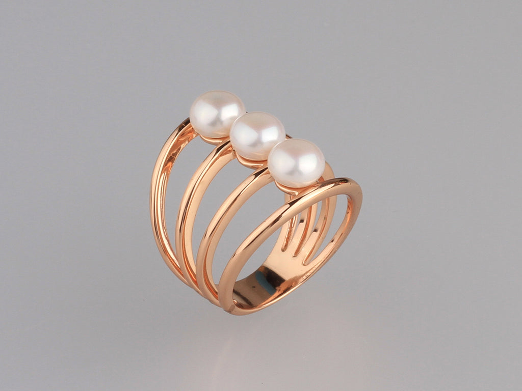 Rose Gold Plated Silver Ring with 6-6.5mm Button Shape Freshwater Pearl