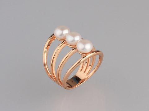 Rose Gold Plated Silver Ring with 6-6.5mm Button Shape Freshwater Pearl