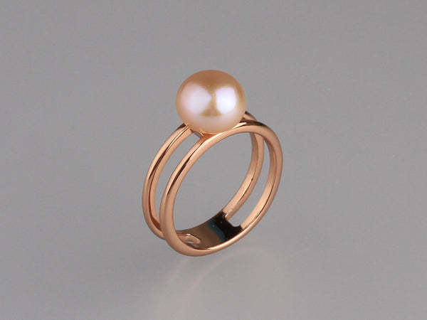 Rose Gold Plated Silver Ring with 9-9.5mm Button Shape Freshwater Pearl