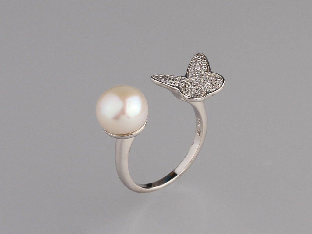 Sterling Silver Ring with 9-9.5mm Button Shape Freshwater Pearl and Cubic Zirconia