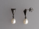 Black Plated Silver Earrings with 6.5-7mm Drop Shape Freshwater Pearl and Cubic Zirconia