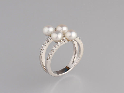 Sterling Silver Ring with 5-5.5mm Button Shape Freshwater Pearl and Cubic Zirconia