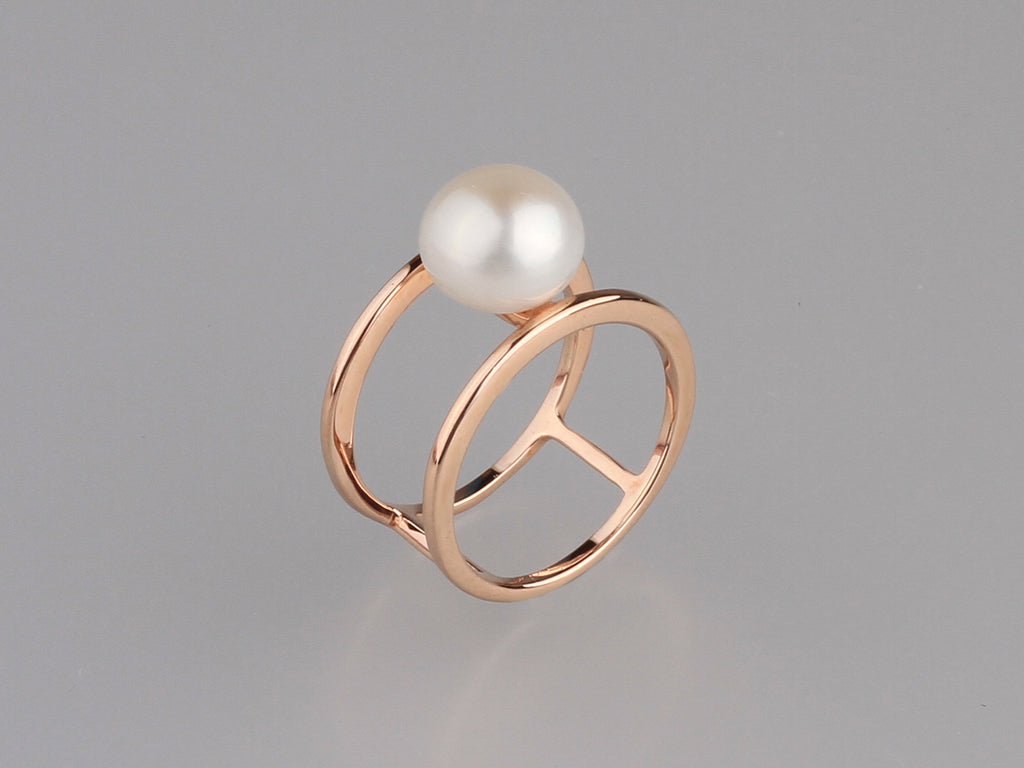 Rose Gold Plated Silver Ring with 9.5-10mm Button Shape Freshwater Pearl