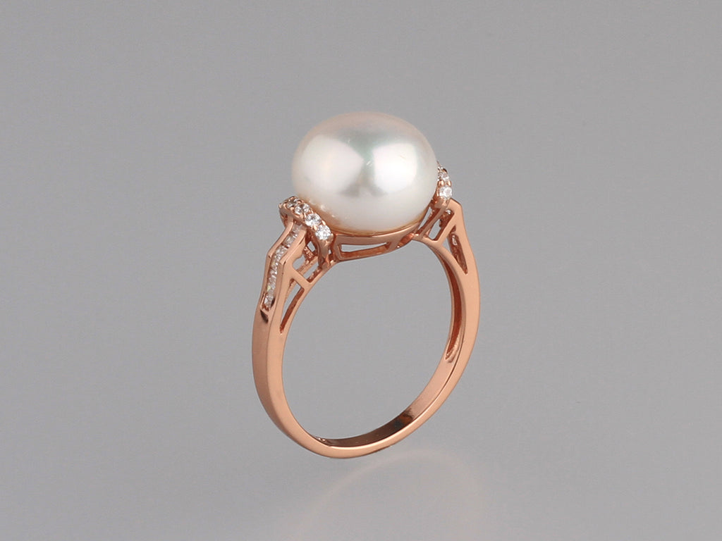 Rose Gold Plated Silver Ring with 11-11.5mm Button Shape Freshwater Pearl and Cubic Zirconia