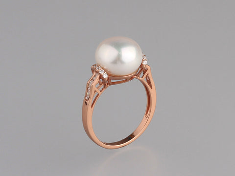 Rose Gold Plated Silver Ring with 11-11.5mm Button Shape Freshwater Pearl and Cubic Zirconia