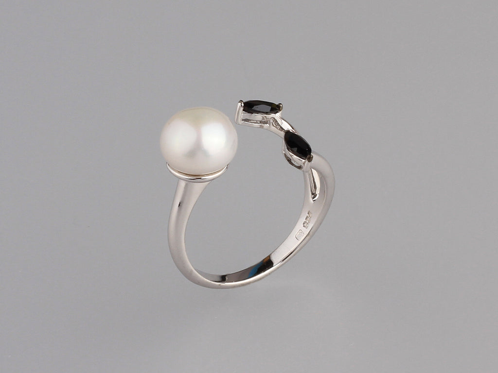 Sterling Silver Ring with 8-8.5mm Button Shape Freshwater Pearl and Cubic Zirconia