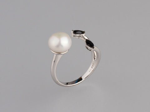Sterling Silver Ring with 8-8.5mm Button Shape Freshwater Pearl and Cubic Zirconia