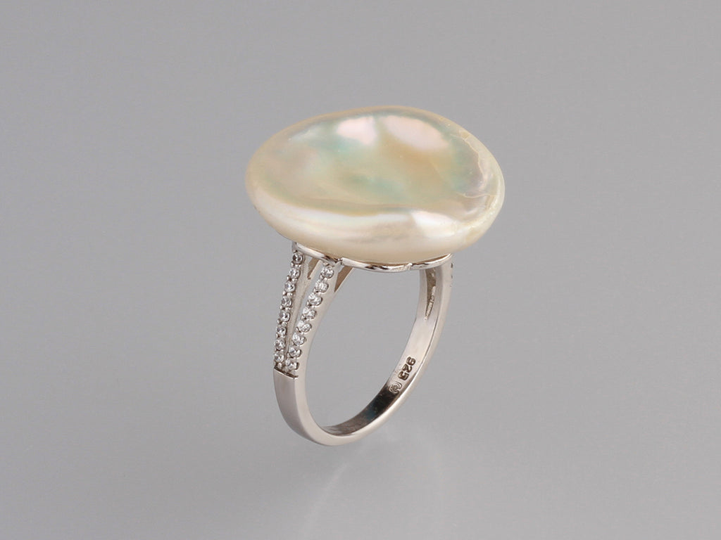 Sterling Silver Ring with 19-20mm Keshi Freshwater Pearl and Cubic Zirconia