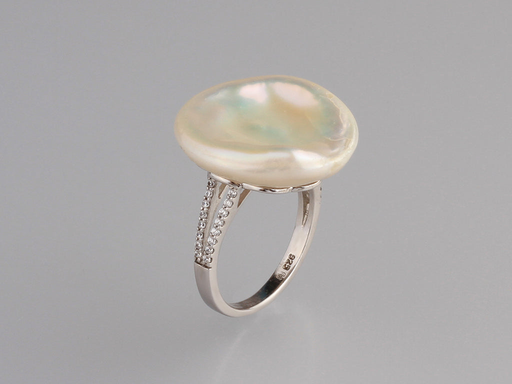 Sterling Silver Ring with 19-20mm Keshi Freshwater Pearl and Cubic Zirconia