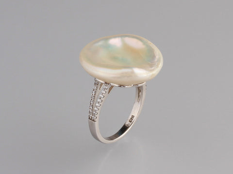 Sterling Silver Ring with 19-20mm Keshi Freshwater Pearl and Cubic Zirconia