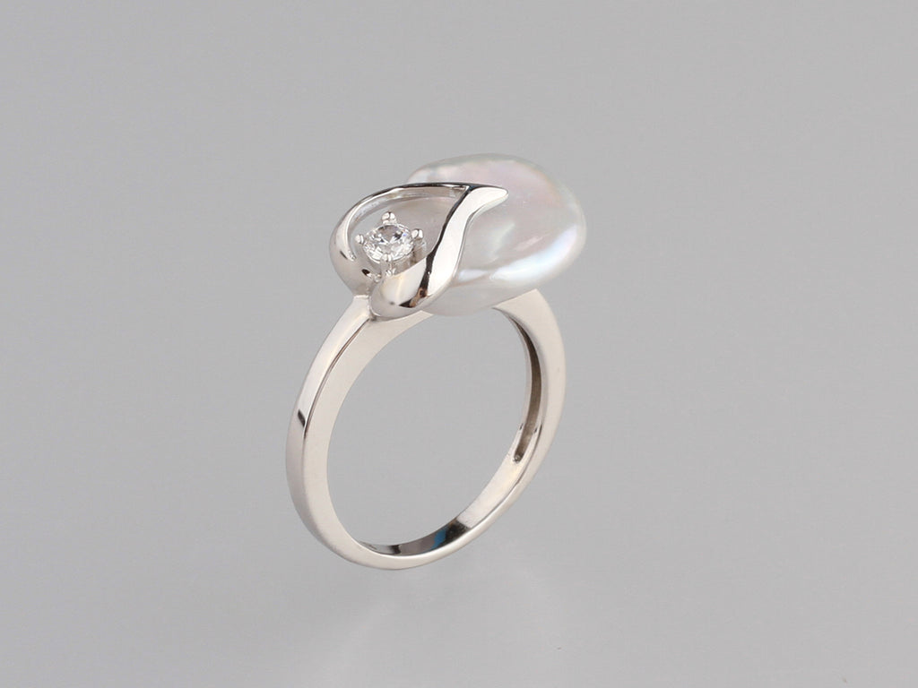 Sterling Silver Ring with 13-14mm Keshi Freshwater Pearl and Cubic Zirconia