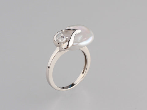 Sterling Silver Ring with 13-14mm Keshi Freshwater Pearl and Cubic Zirconia