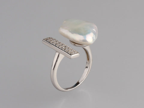 Sterling Silver Ring with 13-14mm Baroque Shape Freshwater Pearl and Cubic Zirconia