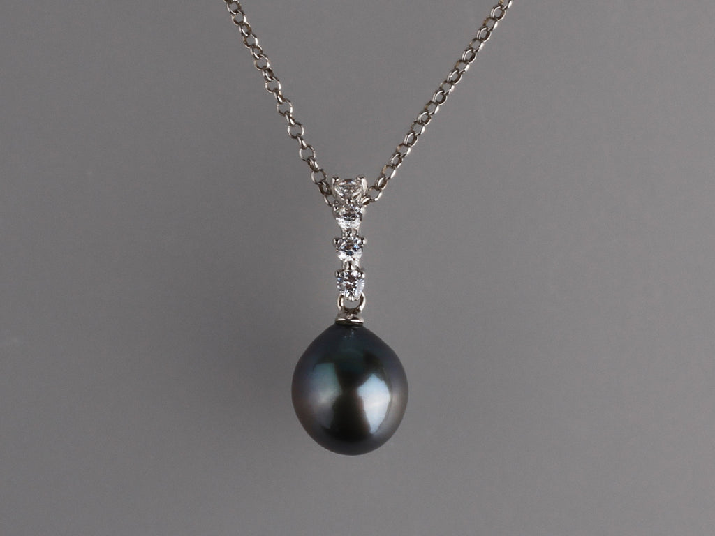 Sterling Silver with 9-10mm Drop Shape Tahitian Pearl and Cubic Zirconia Pendant