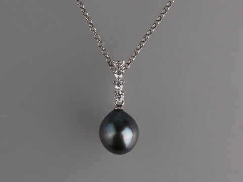 Sterling Silver with 9-10mm Drop Shape Tahitian Pearl and Cubic Zirconia Pendant