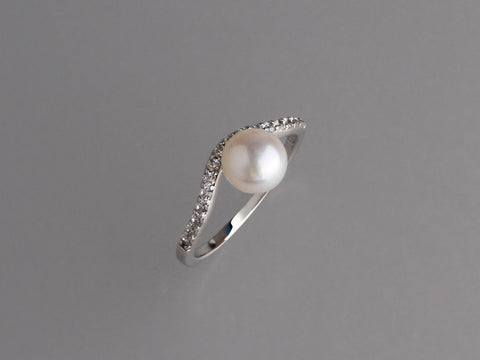 Sterling Silver Ring with 7-7.5mm Button Shape Freshwater Pearl and Cubic Zirconia