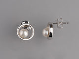 Sterling Silver Earrings with 5-5.5mm Button Shape Freshwater Pearl and Cubic Zirconia