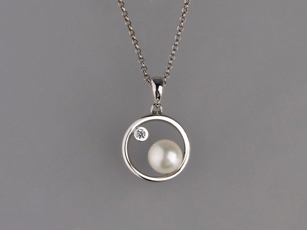 Sterling Silver Pendant with 6.5-7mm Button Shape Freshwater Pearl and Cubic Zirconia