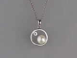 Sterling Silver Pendant with 6.5-7mm Button Shape Freshwater Pearl and Cubic Zirconia