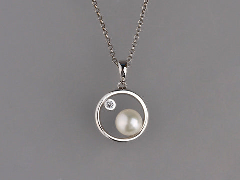 Sterling Silver Pendant with 6.5-7mm Button Shape Freshwater Pearl and Cubic Zirconia