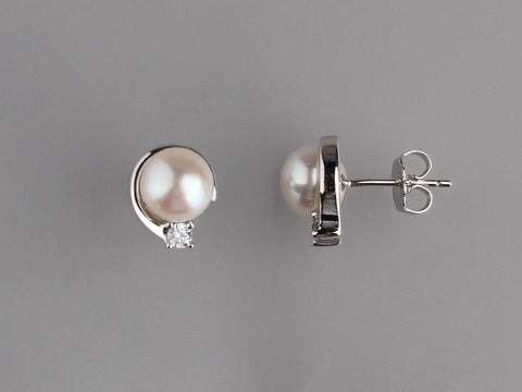 Sterling Silver Earrings with 7-7.5mm Button Shape Freshwater Pearl and Cubic Zirconia