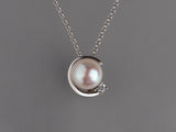 Sterling Silver Pendant with 9-9.5mm Button Shape Freshwater Pearl and Cubic Zirconia