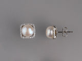 Sterling Silver Earrings with 8-8.5mm Button Shape Freshwater Pearl and Cubic Zirconia