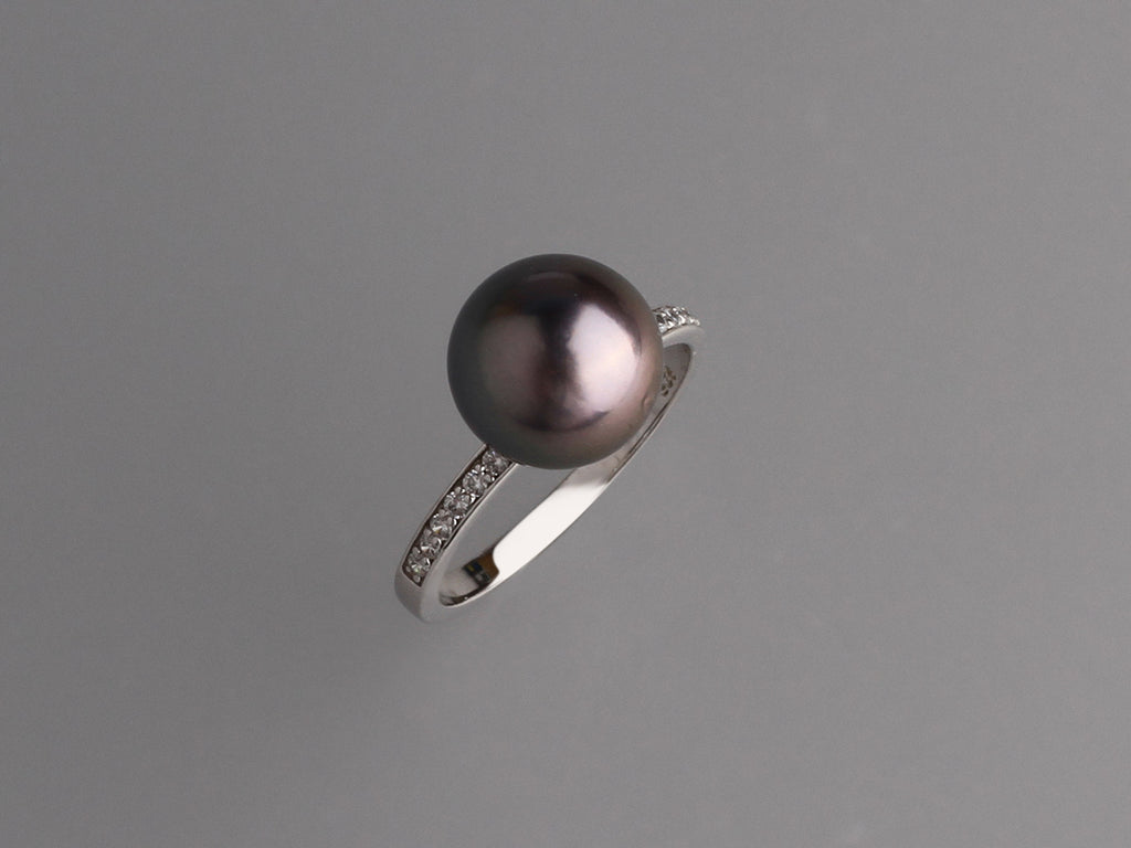 Sterling Silver with 10-11mm Tahitian Pearl and Cubic Zirconia Ring