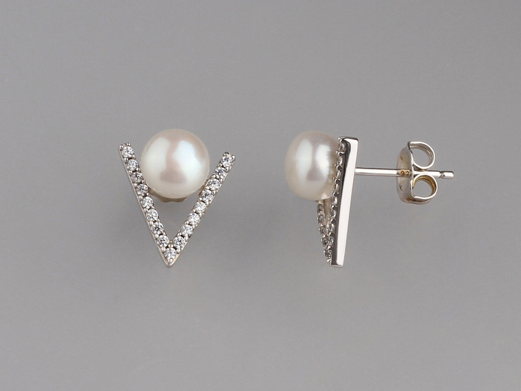 Sterling Silver with 6.5-7mm Button Shape Freshwater Pearl and Cubic Zirconia