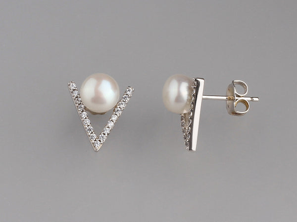 Sterling Silver with 6.5-7mm Button Shape Freshwater Pearl and Cubic Zirconia