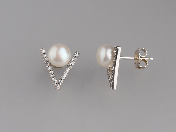 Sterling Silver with 6.5-7mm Button Shape Freshwater Pearl and Cubic Zirconia