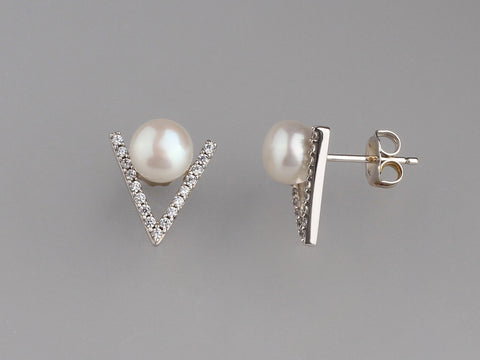 Sterling Silver with 6.5-7mm Button Shape Freshwater Pearl and Cubic Zirconia