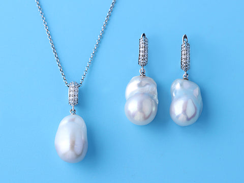 Sterling Silver Earrings with 14-15mm Baroque Shape Freshwater Pearl and Cubic Zirconia