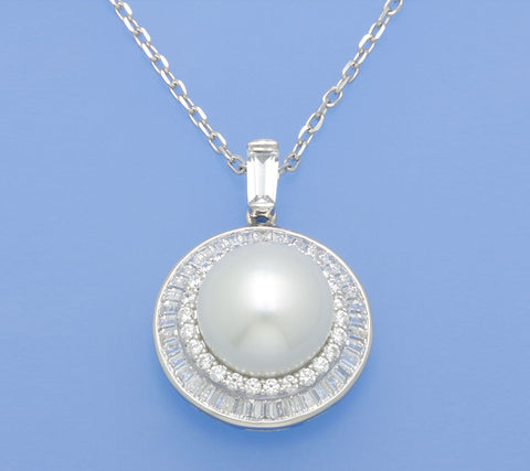 Sterling Silver Pendant with 12-12.5mm Button Shape Freshwater Pearl and Cubic Zirconia