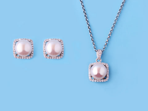 Sterling Silver Pendant with 8-8.5mm Button Shape Freshwater Pearl and Cubic Zirconia