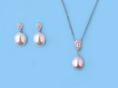 Sterling Silver Pendant with 10-10.5mm Oval Shape Freshwater Pearl and Cubic Zirconia