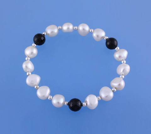8-8.5mm Side-Drilled Freshwater Pearl Bracelet with Crystal Ball and Black Agate