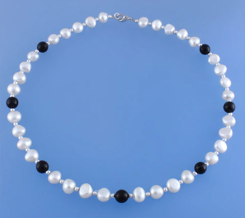 Sterling Silver Necklace with 8-8.5mm Side-Drilled Freshwater Pearl, Crystal Ball and Black Agate