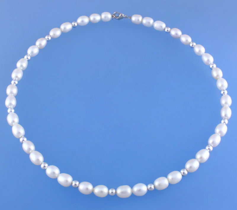 Sterling Silver Necklace with 7.5-8mm Oval Shape Freshwater Pearl and Copper Ball - Wing Wo Hing Jewelry Group - Pearl Jewelry Manufacturer