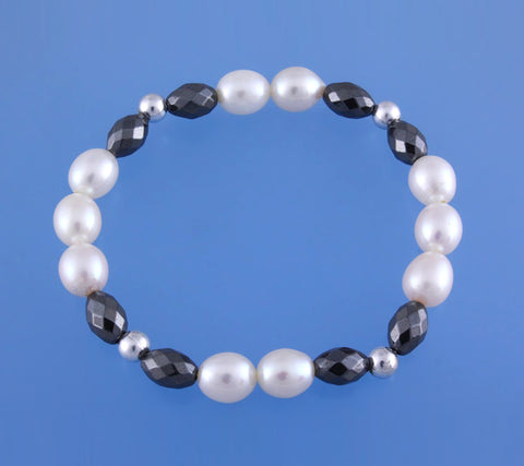 7.5-8mm Oval Shape Freshwater Pearl Bracelet with Crystal Ball and Hematite