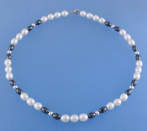Sterling Silver Necklace with 7.5-8mm Oval Shape Freshwater Pearl, Crystal Ball and Hematite