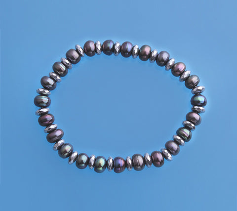 6-7mm Button Shape Freshwater Pearl Bracelet with Hematite