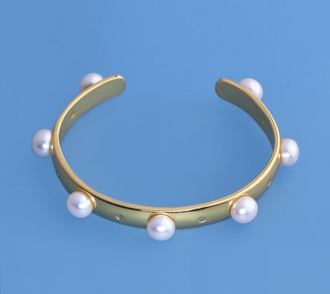 Gold Plated Brass Bangle with 7.5-8mm Button Shape Freshwater Pearl and Cubic Zirconia