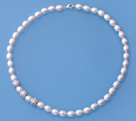 Sterling Silver Necklace with 7.5-8mm Oval Shape Freshwater Pearl and Cubic Zirconia