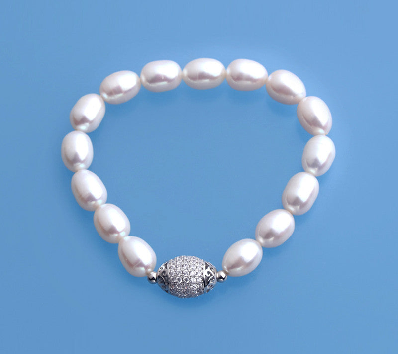 7.5-8mm Oval Shape Freshwater Pearl Bracelet with Copper Ball and Cubic Zirconia - Wing Wo Hing Jewelry Group - Pearl Jewelry Manufacturer