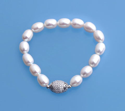 7.5-8mm Oval Shape Freshwater Pearl Bracelet with Copper Ball and Cubic Zirconia
