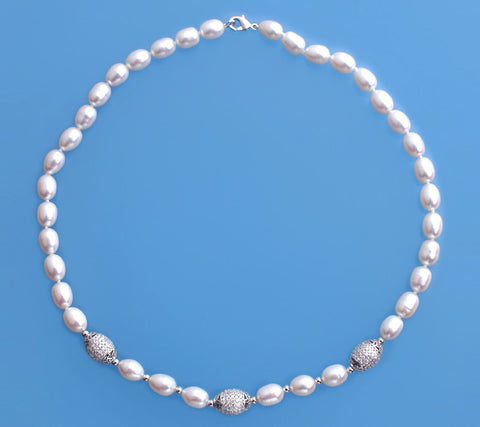 Sterling Silver Necklace with 7.5-8mm Oval Shape Freshwater Pearl and Cubic Zirconia