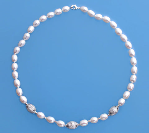 Sterling Silver Necklace with 7.5-8mm Oval Shape Freshwater Pearl and Cubic Zirconia