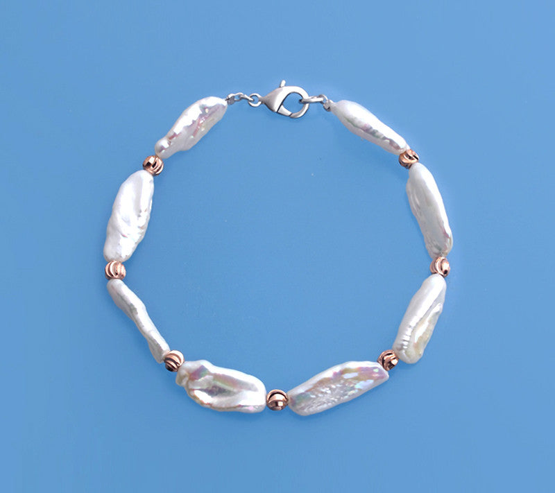 Sterling Silver Bracelet with 8-9mm Lute Shape Freshwater Pearl and Rose Gold Plated Iron - Wing Wo Hing Jewelry Group - Pearl Jewelry Manufacturer